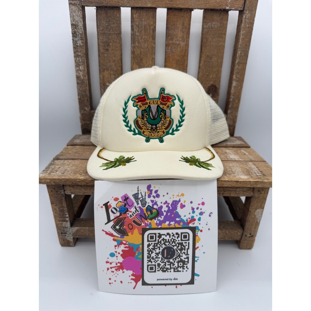 True Religion Cream Trucker Hat Embroidered Crest Palm Tree Snapback Mesh Cap